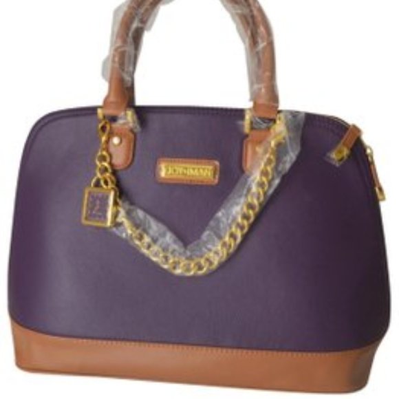 Joy & Iman Handbags - Joy & IMAN Chain Purple & Tan Leather Satchel